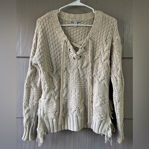 Cable Knit Beige Sweater with Fringe and Ties XS